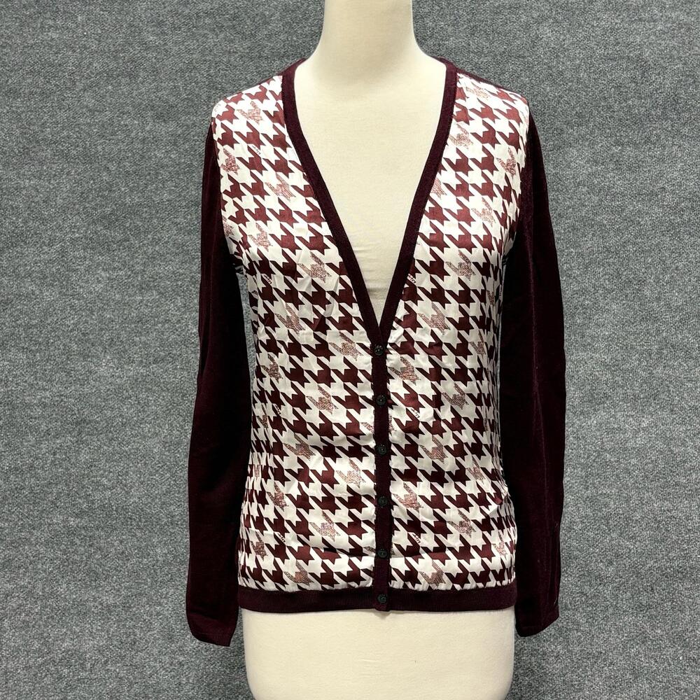 Tommy Hilfiger Cardigan Sweater Womens Medium Red Houndstooth Check V Neck Wool